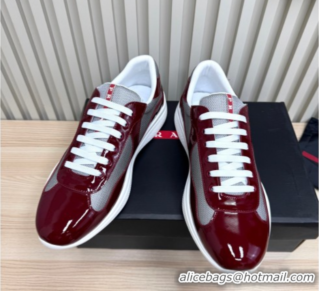 Popular Style Prada Men's America's Cup Bike Patent Leather and Fabric Sneakers Burgundy 2025 3E6420 1027120