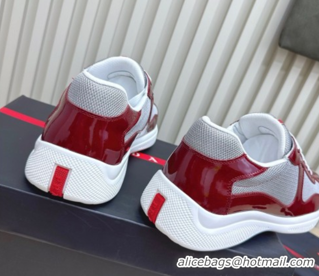 Popular Style Prada Men's America's Cup Bike Patent Leather and Fabric Sneakers Burgundy 2025 3E6420 1027120