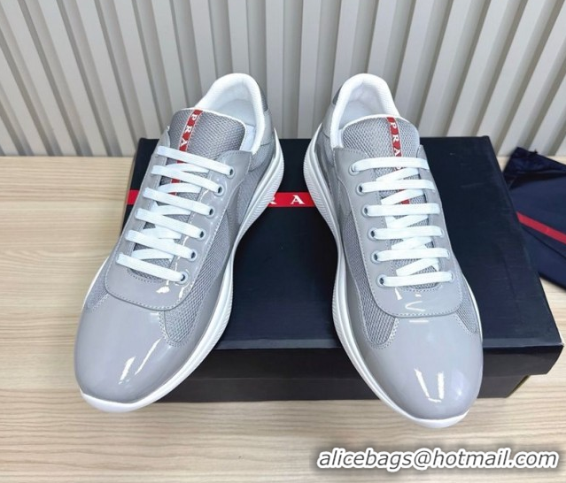 Classic Hot Prada Men's America's Cup Bike Patent Leather and Fabric Sneakers Light Grey 2025 3E6420 1027122