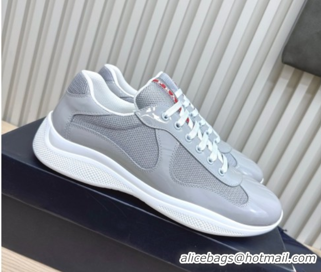 Classic Hot Prada Men's America's Cup Bike Patent Leather and Fabric Sneakers Light Grey 2025 3E6420 1027122