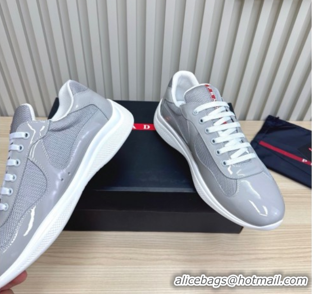 Classic Hot Prada Men's America's Cup Bike Patent Leather and Fabric Sneakers Light Grey 2025 3E6420 1027122