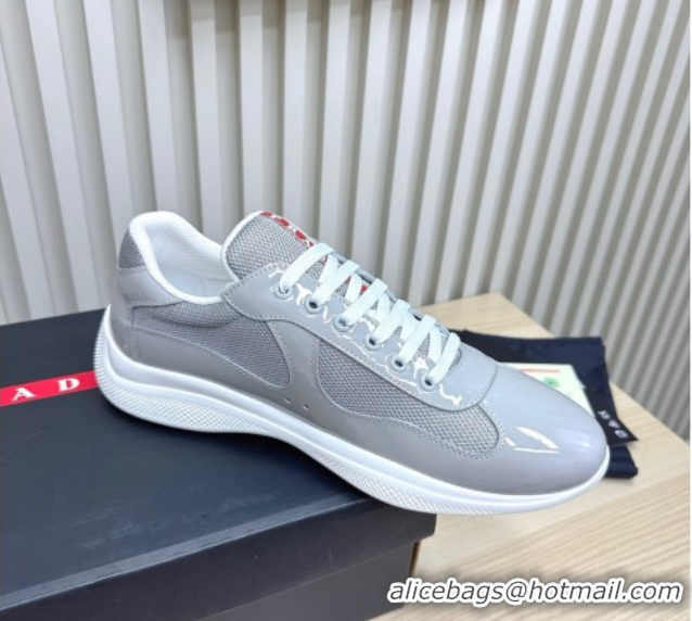 Classic Hot Prada Men's America's Cup Bike Patent Leather and Fabric Sneakers Light Grey 2025 3E6420 1027122