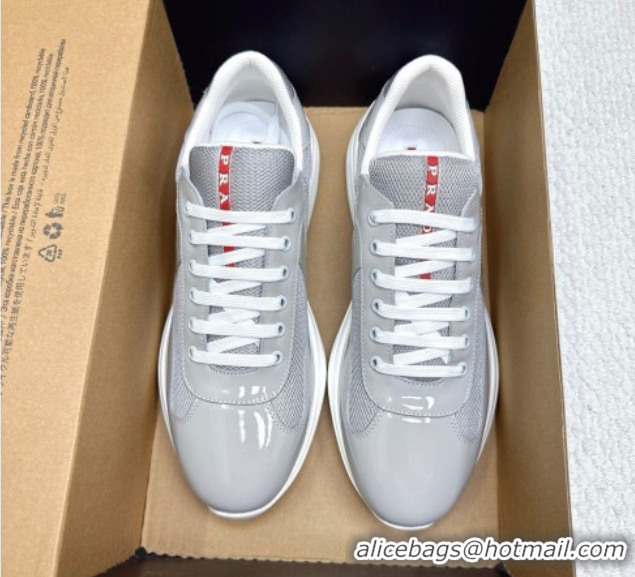 Classic Hot Prada Men's America's Cup Bike Patent Leather and Fabric Sneakers Light Grey 2025 3E6420 1027122