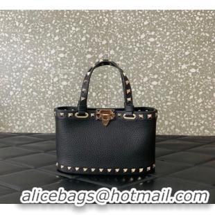Best Quality Valentino Rockstud Mini Shopping Bag In Grainy Calfskin Leather 0366S Black/Gold 2025