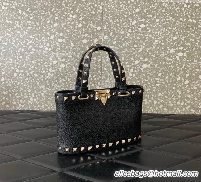 Best Quality Valentino Rockstud Mini Shopping Bag In Grainy Calfskin Leather 0366S Black/Gold 2025