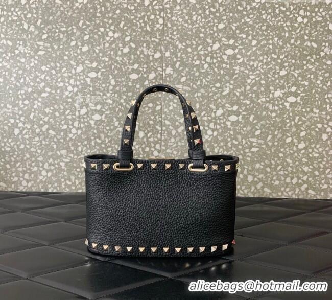 Best Quality Valentino Rockstud Mini Shopping Bag In Grainy Calfskin Leather 0366S Black/Gold 2025
