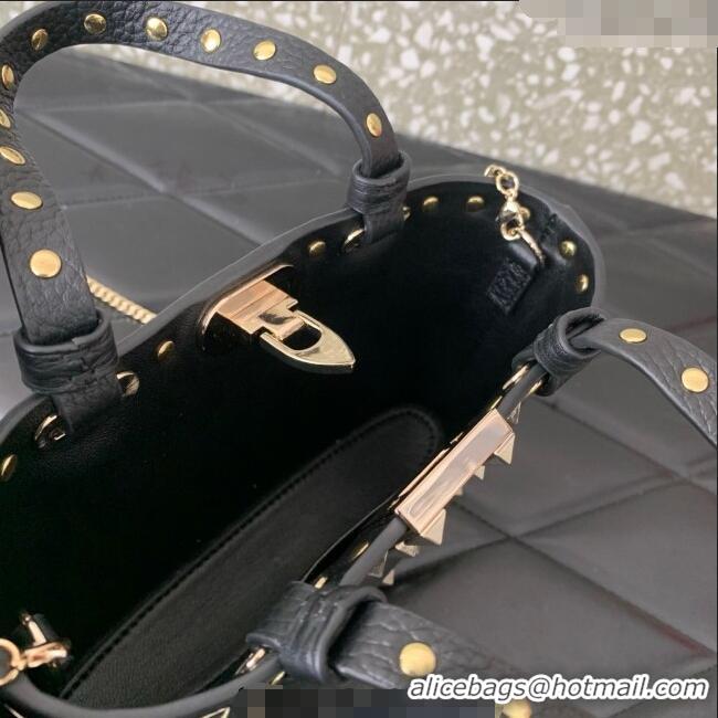 Best Quality Valentino Rockstud Mini Shopping Bag In Grainy Calfskin Leather 0366S Black/Gold 2025