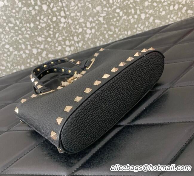 Best Quality Valentino Rockstud Mini Shopping Bag In Grainy Calfskin Leather 0366S Black/Gold 2025