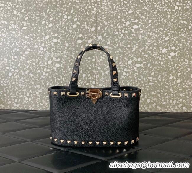 Best Quality Valentino Rockstud Mini Shopping Bag In Grainy Calfskin Leather 0366S Black/Gold 2025