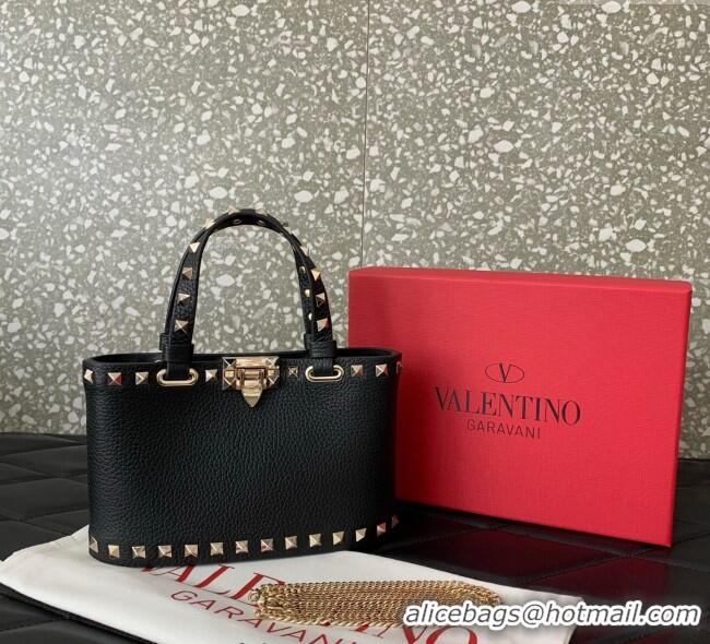 Best Quality Valentino Rockstud Mini Shopping Bag In Grainy Calfskin Leather 0366S Black/Gold 2025
