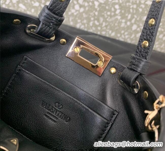 Best Quality Valentino Rockstud Mini Shopping Bag In Grainy Calfskin Leather 0366S Black/Gold 2025