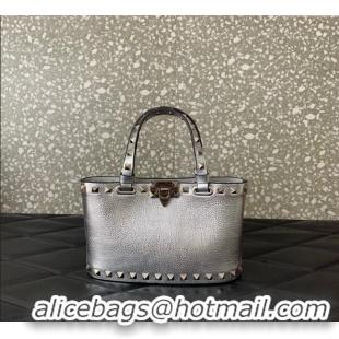 Promotional Valentino Rockstud Mini Shopping Bag In Metallic Grainy Calfskin Leather 0366S Silver 2025