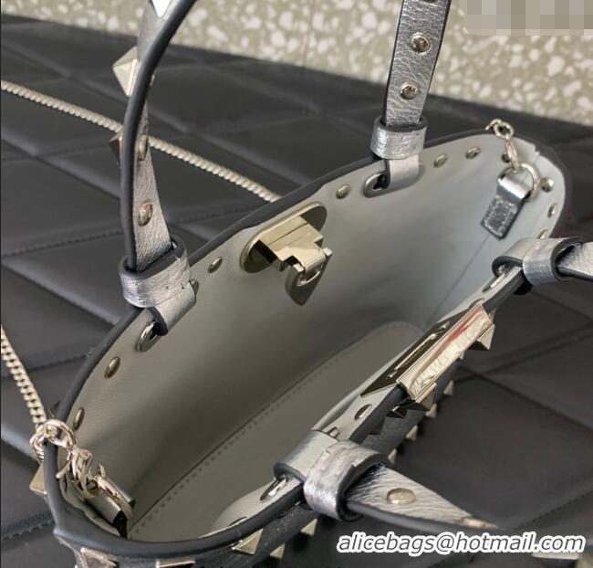 Promotional Valentino Rockstud Mini Shopping Bag In Metallic Grainy Calfskin Leather 0366S Silver 2025