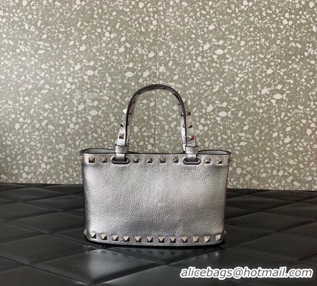 Promotional Valentino Rockstud Mini Shopping Bag In Metallic Grainy Calfskin Leather 0366S Silver 2025