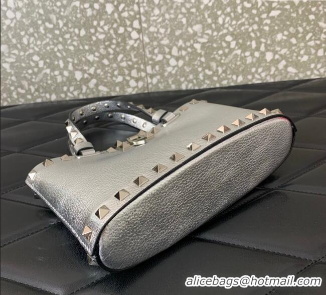 Promotional Valentino Rockstud Mini Shopping Bag In Metallic Grainy Calfskin Leather 0366S Silver 2025
