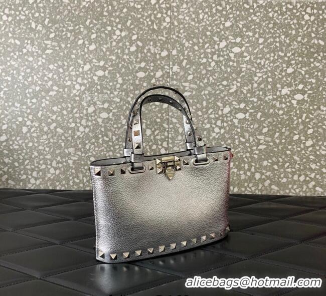 Promotional Valentino Rockstud Mini Shopping Bag In Metallic Grainy Calfskin Leather 0366S Silver 2025