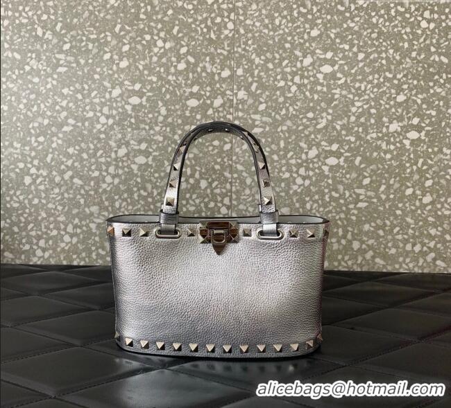 Promotional Valentino Rockstud Mini Shopping Bag In Metallic Grainy Calfskin Leather 0366S Silver 2025