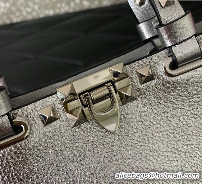 Promotional Valentino Rockstud Mini Shopping Bag In Metallic Grainy Calfskin Leather 0366S Silver 2025