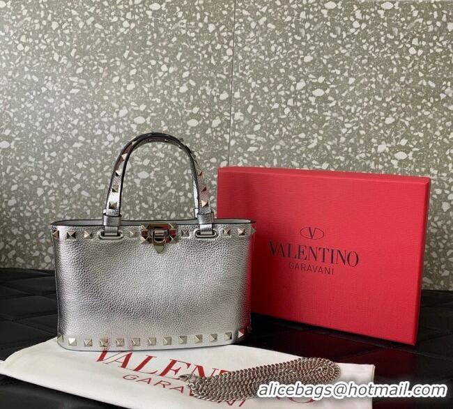 Promotional Valentino Rockstud Mini Shopping Bag In Metallic Grainy Calfskin Leather 0366S Silver 2025