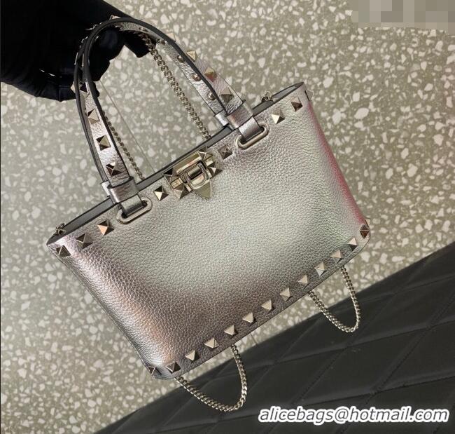 Promotional Valentino Rockstud Mini Shopping Bag In Metallic Grainy Calfskin Leather 0366S Silver 2025