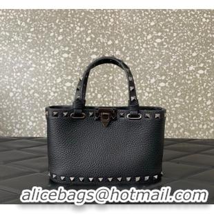 Top Quality Valentino Rockstud Mini Shopping Bag In Grainy Calfskin Leather 0366S Black/Silver 2025