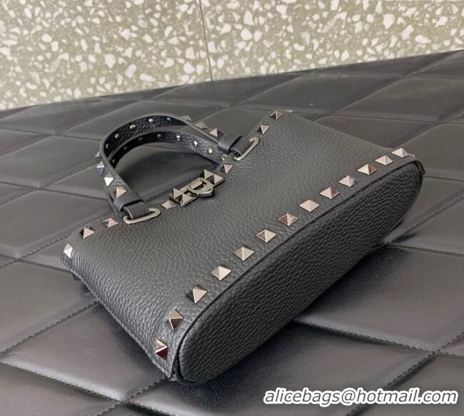Top Quality Valentino Rockstud Mini Shopping Bag In Grainy Calfskin Leather 0366S Black/Silver 2025