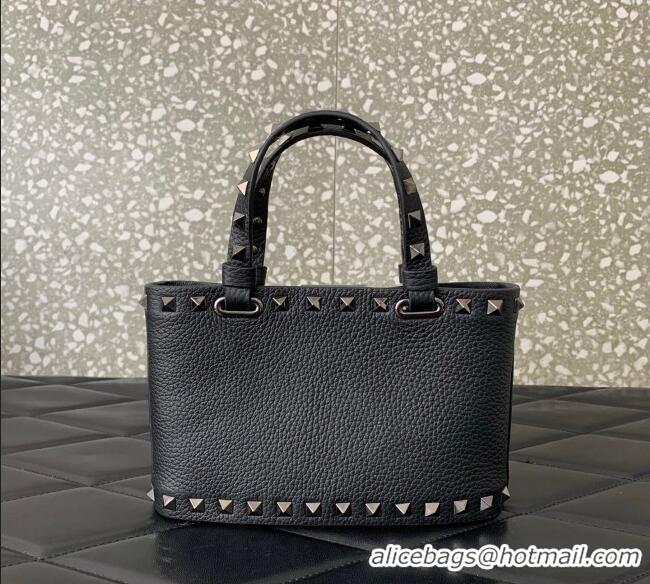 Top Quality Valentino Rockstud Mini Shopping Bag In Grainy Calfskin Leather 0366S Black/Silver 2025