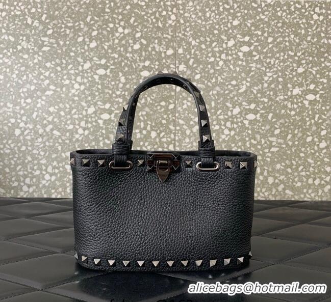 Top Quality Valentino Rockstud Mini Shopping Bag In Grainy Calfskin Leather 0366S Black/Silver 2025