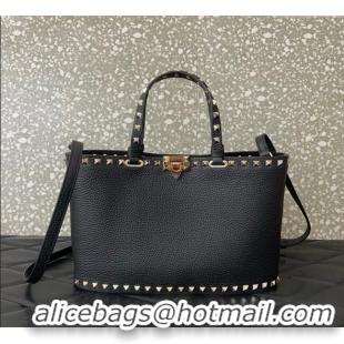 Top Quality Valentino Rockstud Shopping Bag In Grainy Calfskin Leather 0377M Black 2025