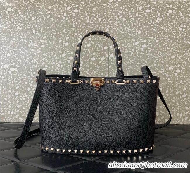 Top Quality Valentino Rockstud Shopping Bag In Grainy Calfskin Leather 0377M Black 2025