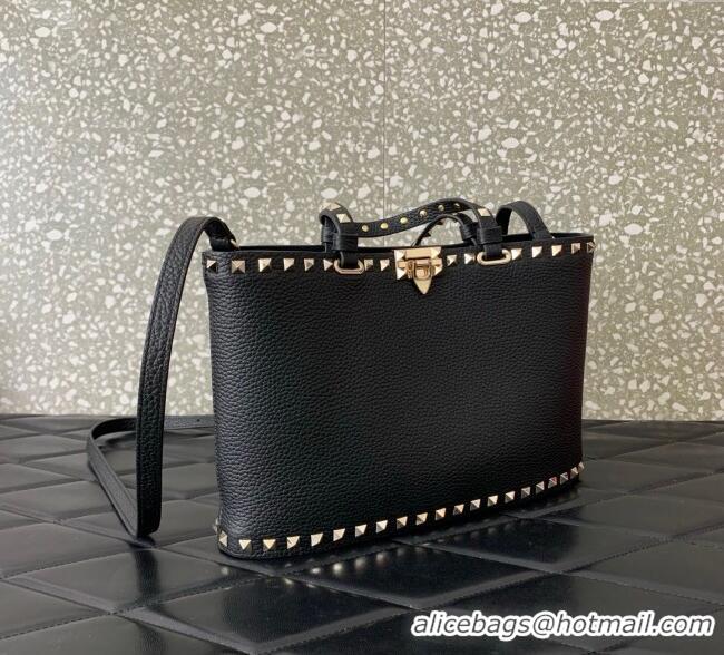 Top Quality Valentino Rockstud Shopping Bag In Grainy Calfskin Leather 0377M Black 2025