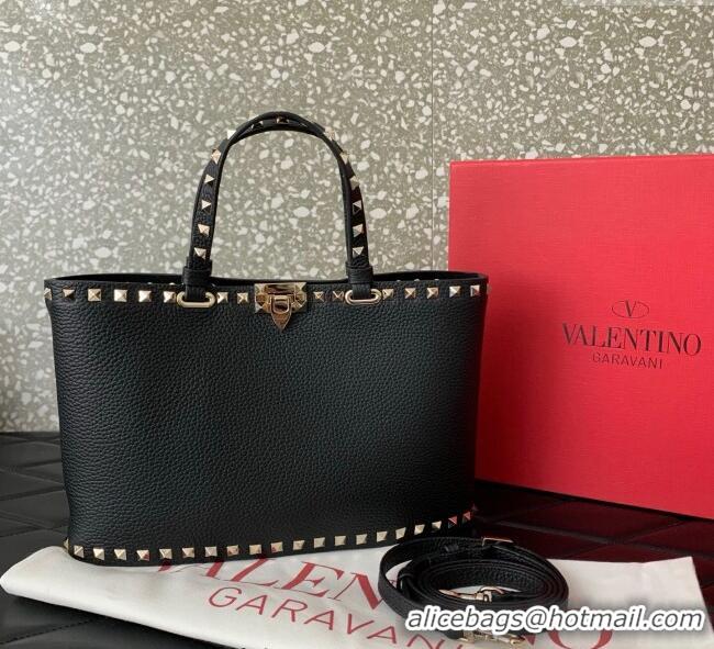 Top Quality Valentino Rockstud Shopping Bag In Grainy Calfskin Leather 0377M Black 2025