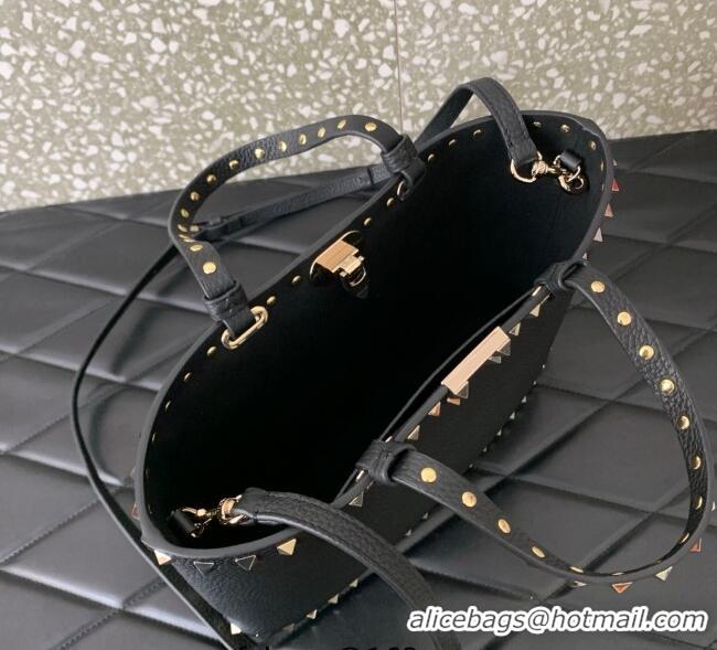 Top Quality Valentino Rockstud Shopping Bag In Grainy Calfskin Leather 0377M Black 2025