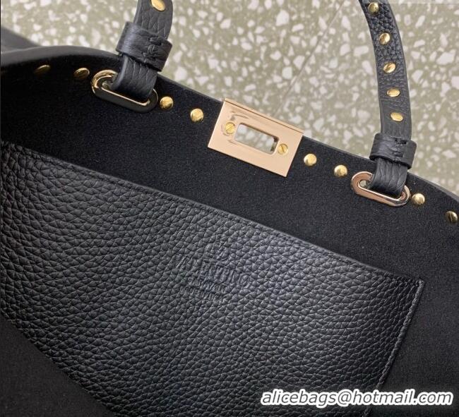 Top Quality Valentino Rockstud Shopping Bag In Grainy Calfskin Leather 0377M Black 2025