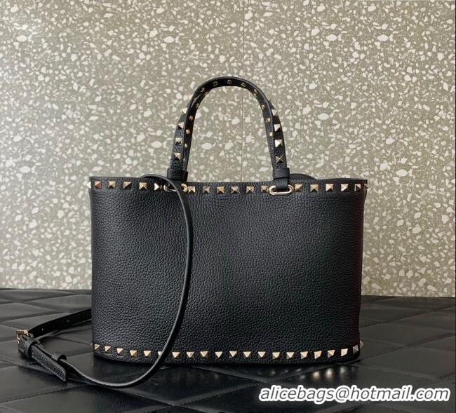 Top Quality Valentino Rockstud Shopping Bag In Grainy Calfskin Leather 0377M Black 2025
