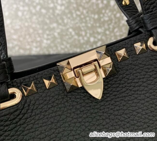 Top Quality Valentino Rockstud Shopping Bag In Grainy Calfskin Leather 0377M Black 2025