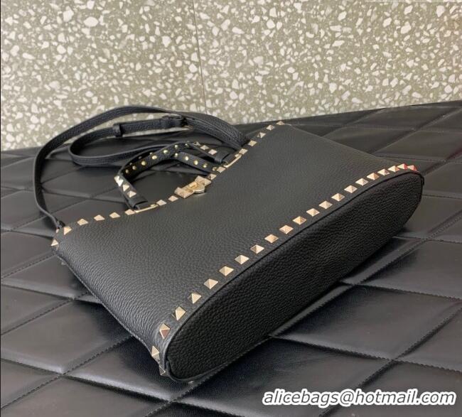Top Quality Valentino Rockstud Shopping Bag In Grainy Calfskin Leather 0377M Black 2025