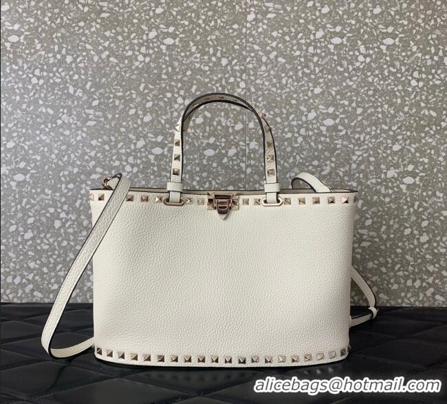Super Quality Valentino Rockstud Shopping Bag In Grainy Calfskin Leather 0377M White 2025