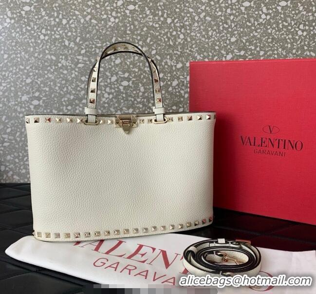 Super Quality Valentino Rockstud Shopping Bag In Grainy Calfskin Leather 0377M White 2025