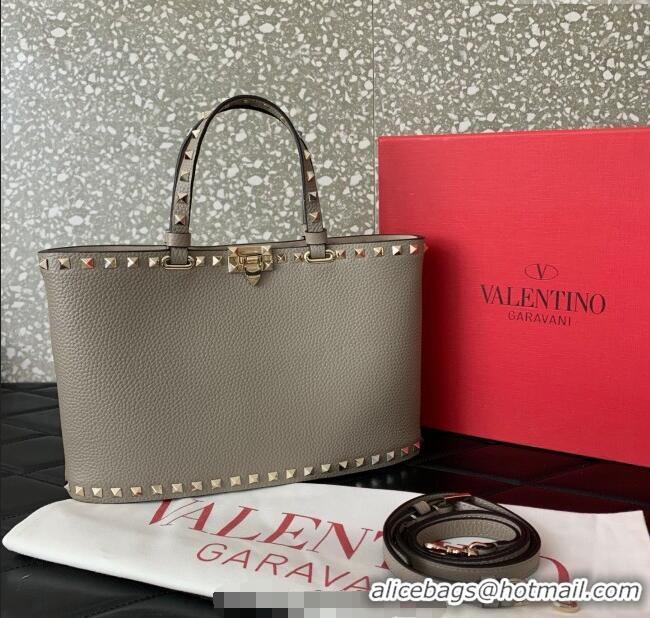 Good Taste Valentino Rockstud Shopping Bag In Grainy Calfskin Leather 0377M Grey 2025