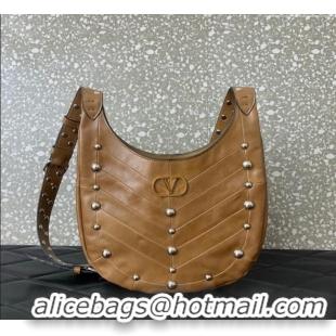 Top Grade Valentino Hoboho Small Hobo Bag In Chevron-Patterned Nappa Leather with Studs 0073S Brown 2025