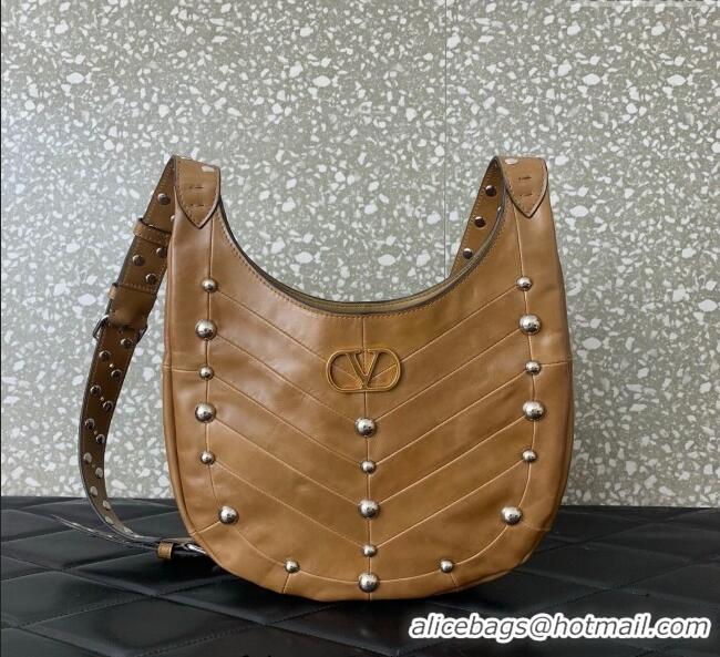 Top Grade Valentino Hoboho Small Hobo Bag In Chevron-Patterned Nappa Leather with Studs 0073S Brown 2025