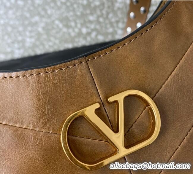 Top Grade Valentino Hoboho Small Hobo Bag In Chevron-Patterned Nappa Leather with Studs 0073S Brown 2025