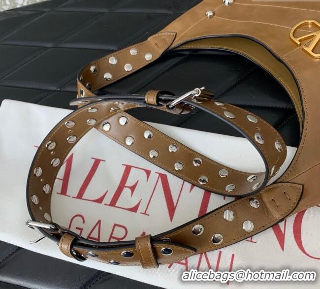Top Grade Valentino Hoboho Small Hobo Bag In Chevron-Patterned Nappa Leather with Studs 0073S Brown 2025