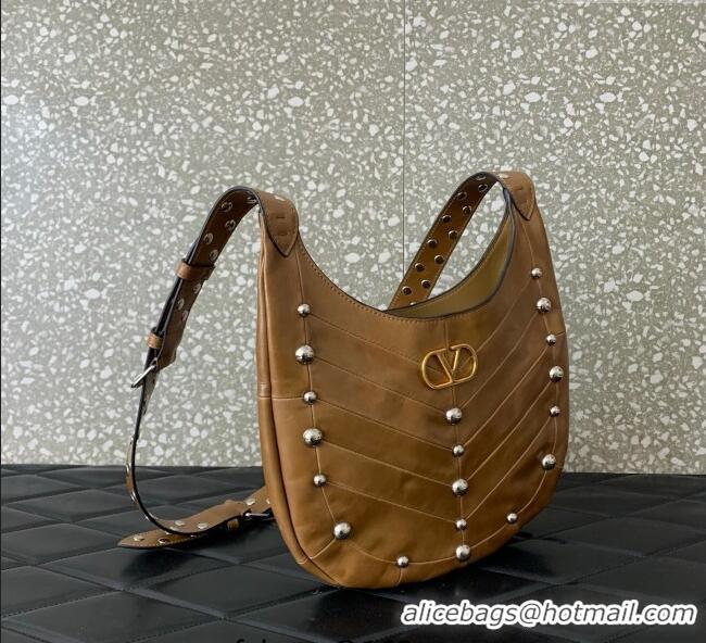 Top Grade Valentino Hoboho Small Hobo Bag In Chevron-Patterned Nappa Leather with Studs 0073S Brown 2025