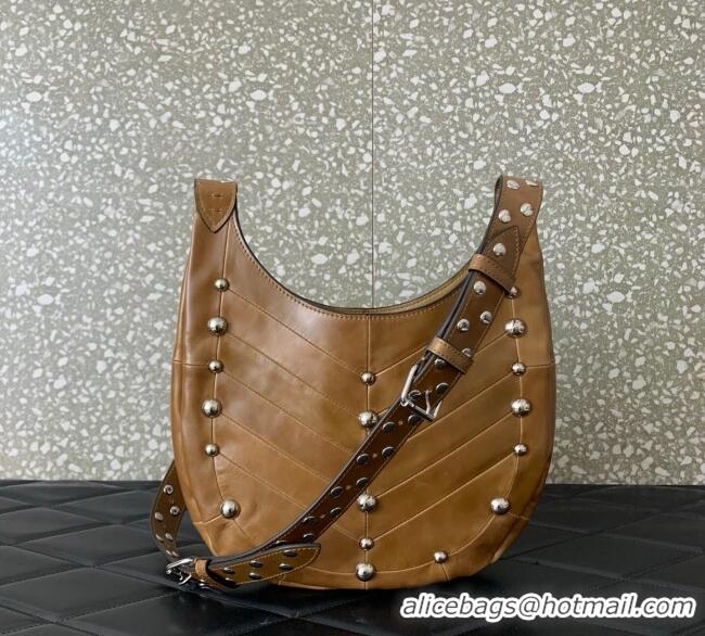 Top Grade Valentino Hoboho Small Hobo Bag In Chevron-Patterned Nappa Leather with Studs 0073S Brown 2025