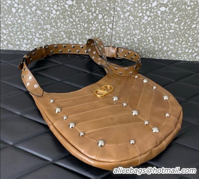 Top Grade Valentino Hoboho Small Hobo Bag In Chevron-Patterned Nappa Leather with Studs 0073S Brown 2025