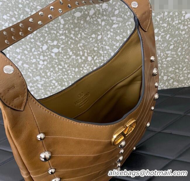 Top Grade Valentino Hoboho Small Hobo Bag In Chevron-Patterned Nappa Leather with Studs 0073S Brown 2025