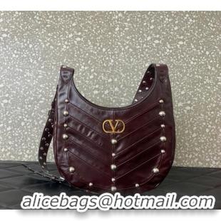 Best Price Valentino Hoboho Small Hobo Bag In Chevron-Patterned Nappa Leather with Studs 0073S Burgundy 2025
