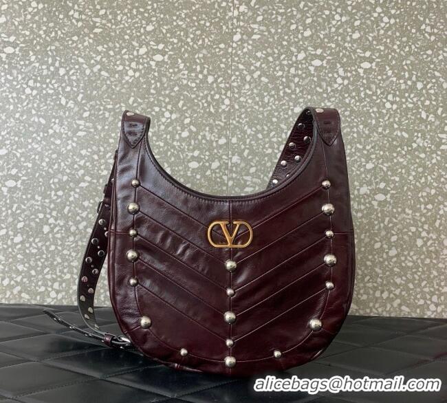 Best Price Valentino Hoboho Small Hobo Bag In Chevron-Patterned Nappa Leather with Studs 0073S Burgundy 2025